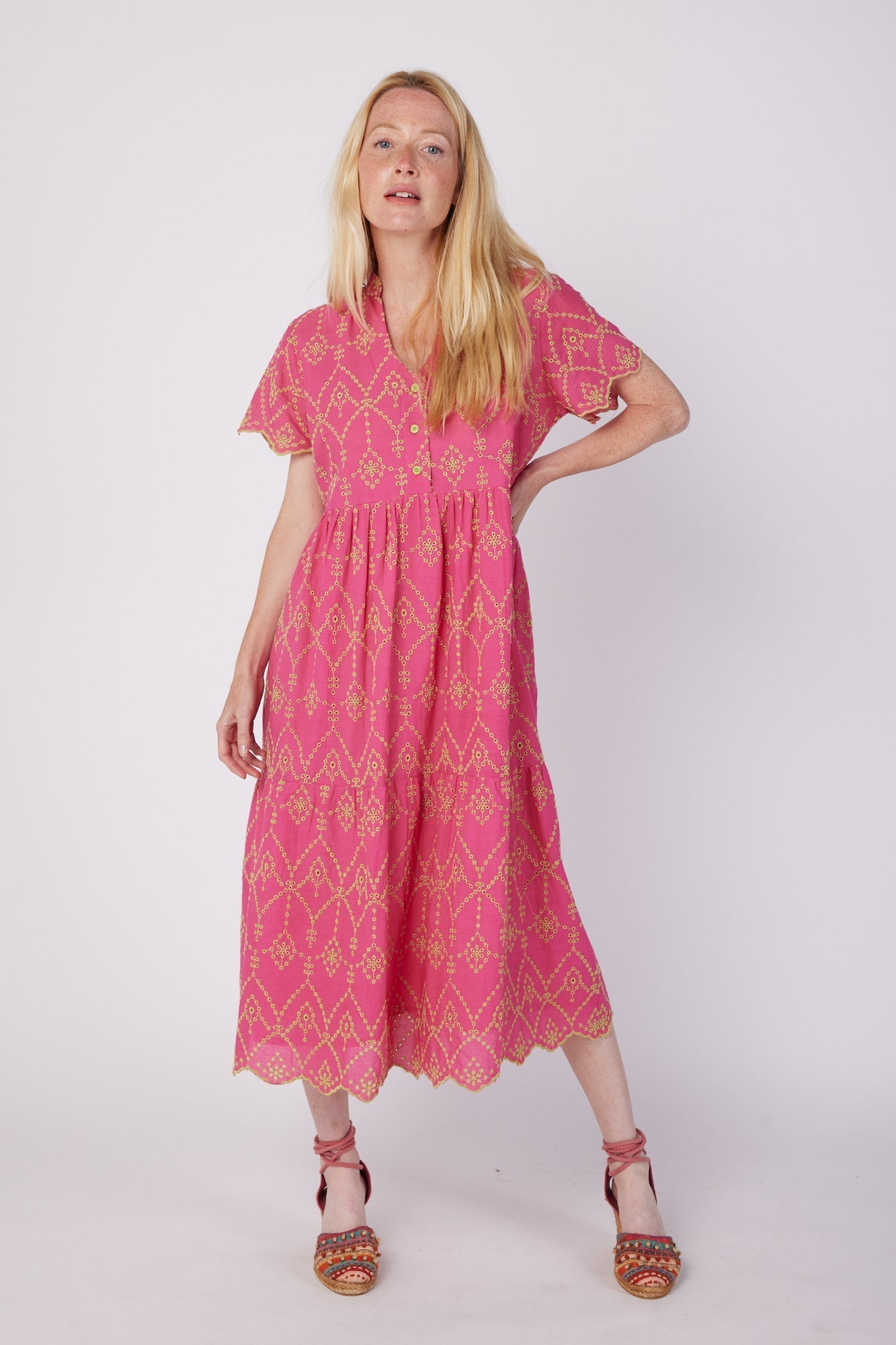 ModaPosa Cadenza Short Sleeve Knee Length Eyelet Dress with Band Collar in Sorbet . Discover women's resort dresses and lifestyle clothing inspired by the Mediterranean. Free worldwide shipping available!