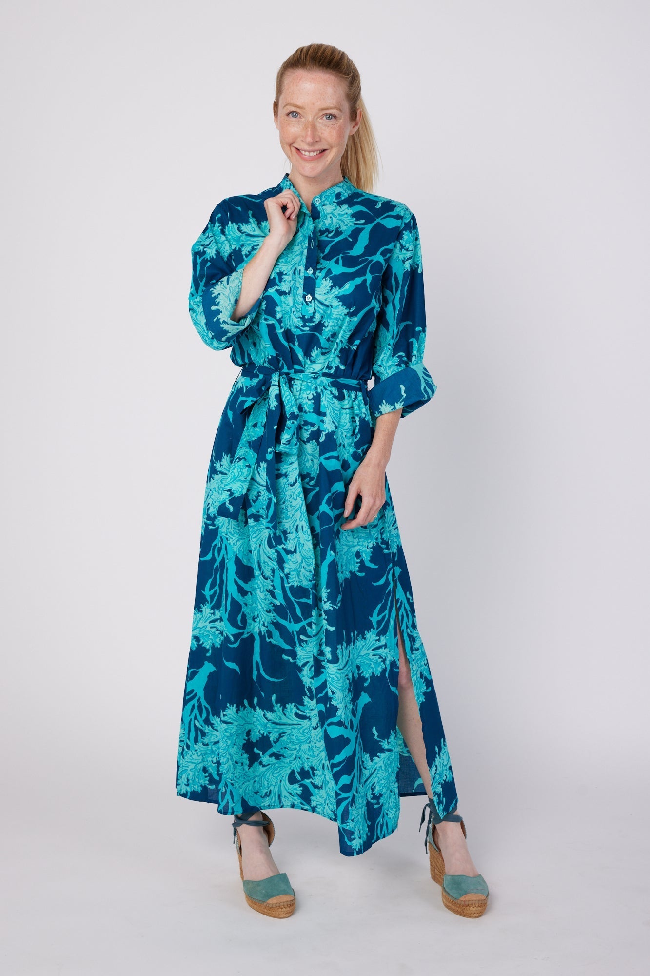 ModaPosa Elina 3/4 Sleeve Maxi Caftan Dress with Detachable Belt in Navy Aqua Coral . Discover women's resort dresses and lifestyle clothing inspired by the Mediterranean. Free worldwide shipping available!