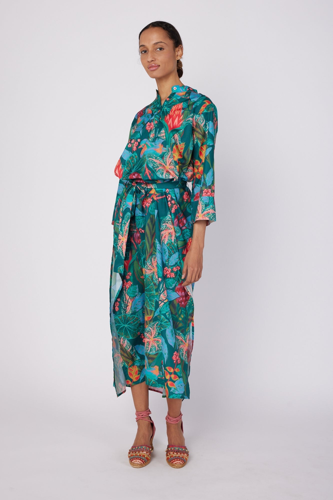 ModaPosa Elina 3/4 Sleeve Maxi Caftan Dress with Detachable Belt in Tropical Canopy . Discover women's resort dresses and lifestyle clothing inspired by the Mediterranean. Free worldwide shipping available!
