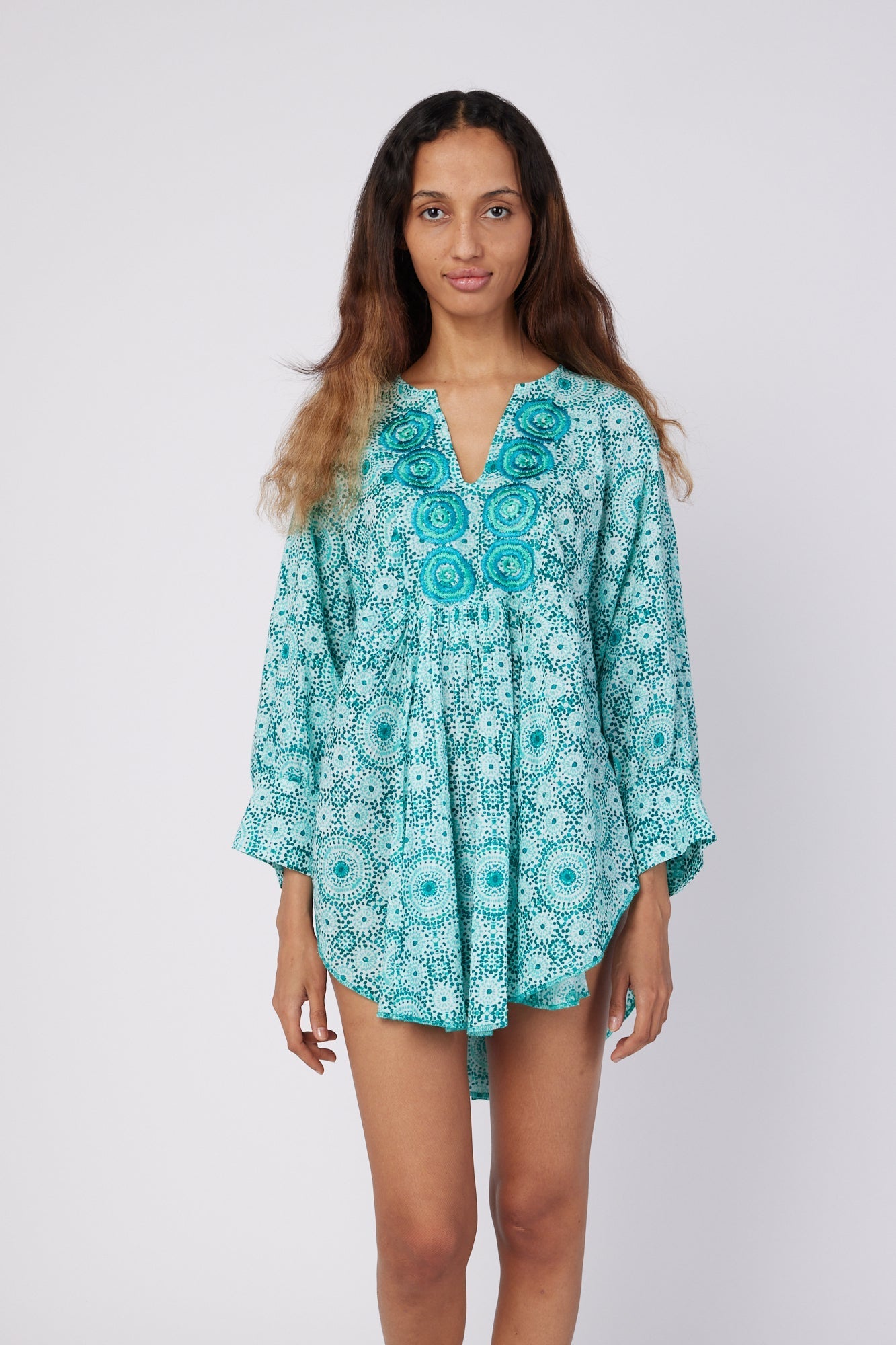 ModaPosa Belen Dolman Sleeve Hand Embroidered Swiss Dot Tunic in Moroccan Tile . Discover women's resort dresses and lifestyle clothing inspired by the Mediterranean. Free worldwide shipping available!