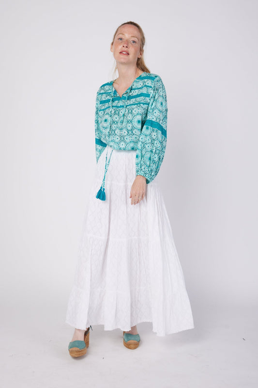 ModaPosa Leola Puff Sleeve Tassel Blouse with Lace Trim in Moroccan Tile . Discover women's resort dresses and lifestyle clothing inspired by the Mediterranean. Free worldwide shipping available!