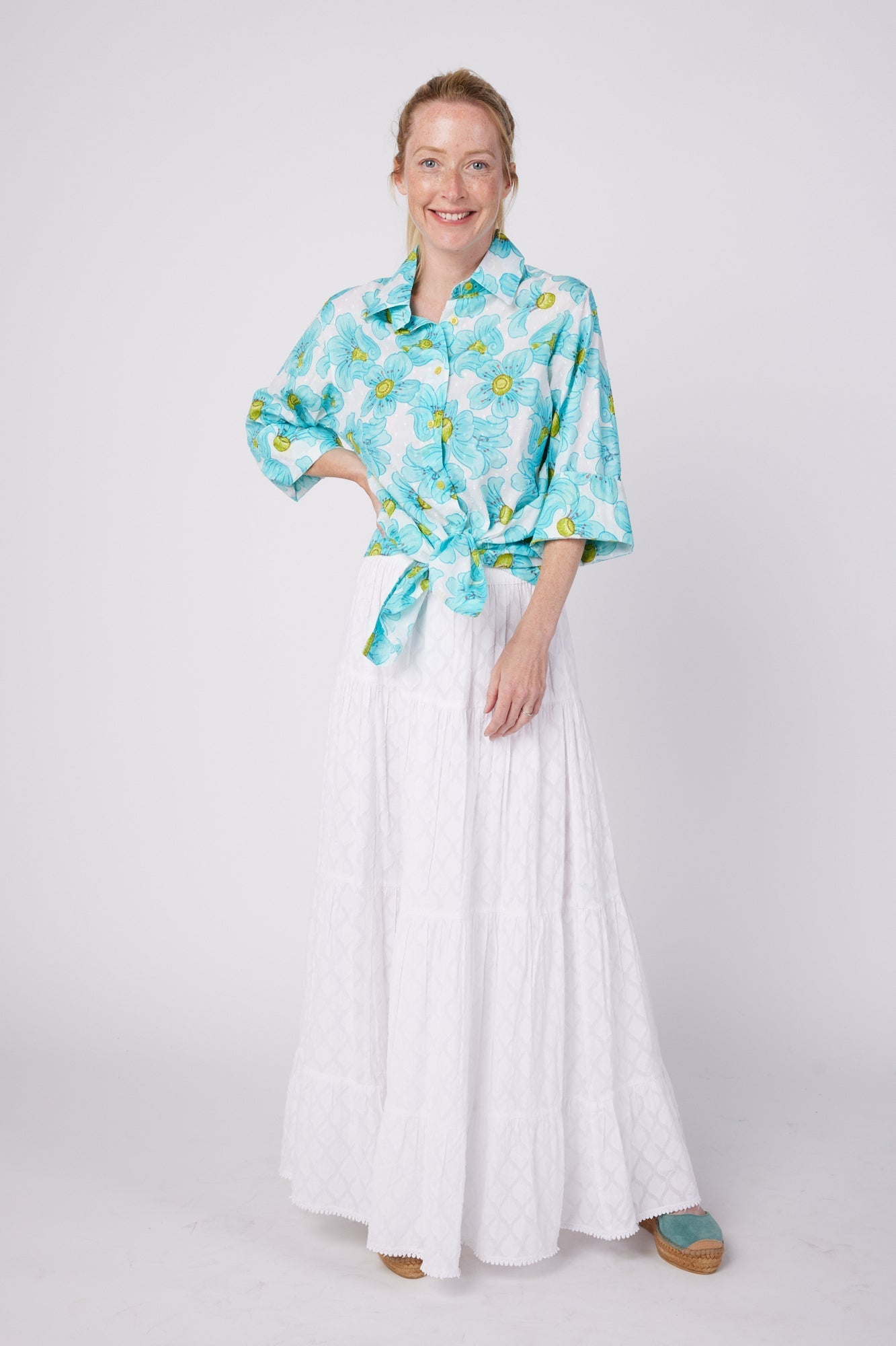 ModaPosa Rosalia 3/4 Sleeve Shirt with Collar in Blue Floral . Discover women's resort dresses and lifestyle clothing inspired by the Mediterranean. Free worldwide shipping available!