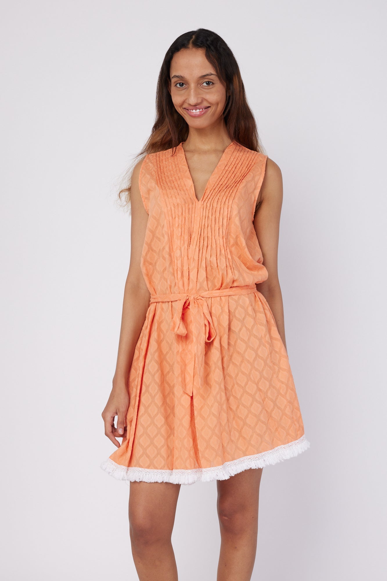 ModaPosa Felice Sleeveless V-Neck Puntuck Knee Length Dress with Detachable Belt in Paradise Orange . Discover women's resort dresses and lifestyle clothing inspired by the Mediterranean. Free worldwide shipping available!