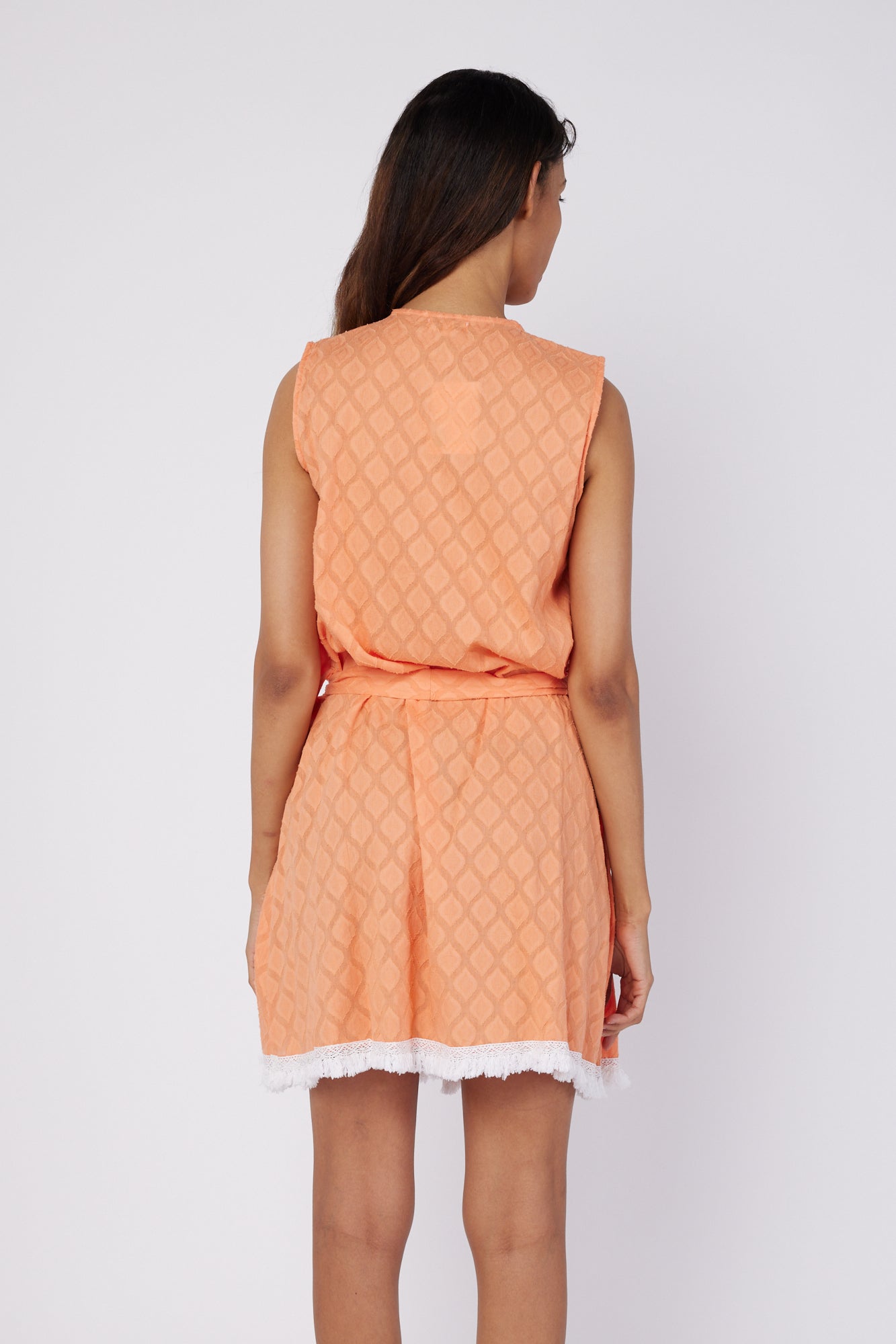 ModaPosa Felice Sleeveless V-Neck Puntuck Knee Length Dress with Detachable Belt in Paradise Orange . Discover women's resort dresses and lifestyle clothing inspired by the Mediterranean. Free worldwide shipping available!