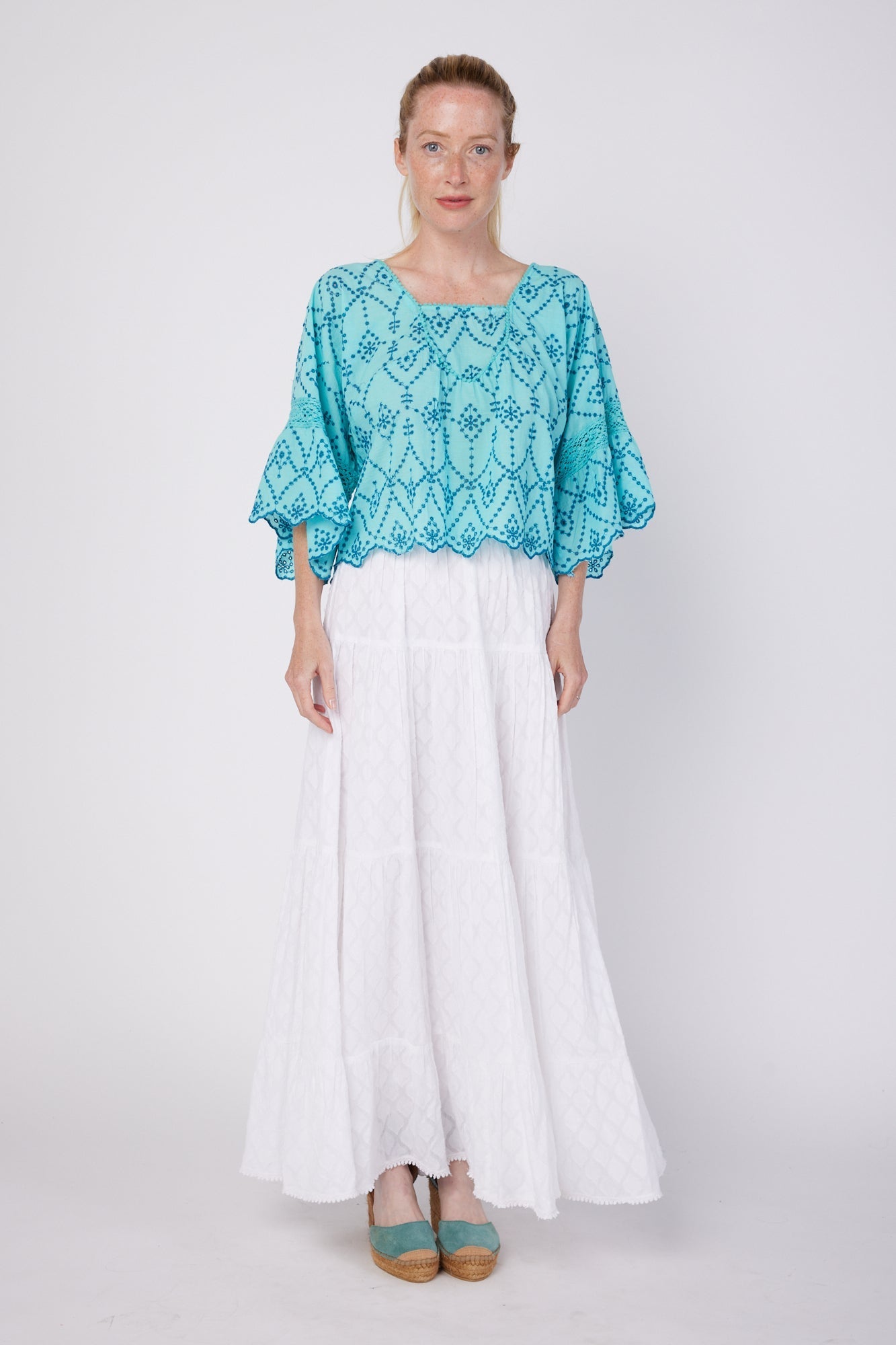 ModaPosa Agnesia Maxi Jacquard Skirt with Lace Trim in White . Discover women's resort dresses and lifestyle clothing inspired by the Mediterranean. Free worldwide shipping available!