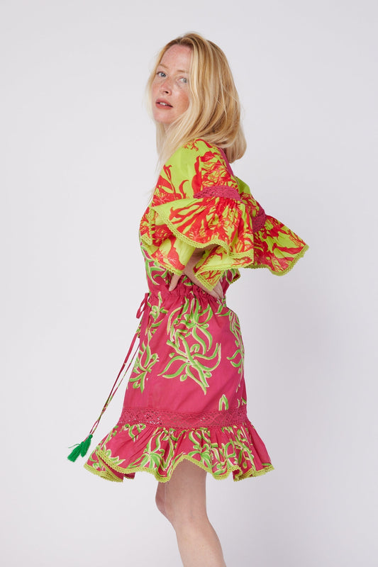 ModaPosa Sandra Short Bell Sleeve Hand Embroidered Knee Length Dress with Drawstring in Raspberry Lime Combo . Discover women's resort dresses and lifestyle clothing inspired by the Mediterranean. Free worldwide shipping available!