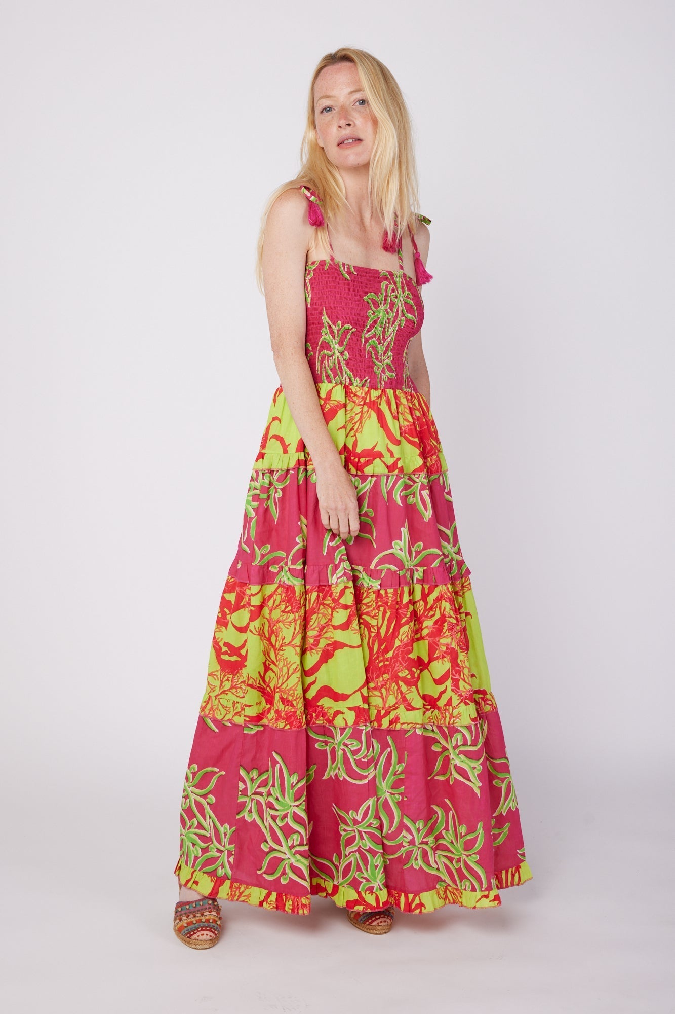 ModaPosa Dianora Spaghetti Strap Smocked Tiered Maxi Dress in Raspberry Lime Combo . Discover women's resort dresses and lifestyle clothing inspired by the Mediterranean. Free worldwide shipping available!