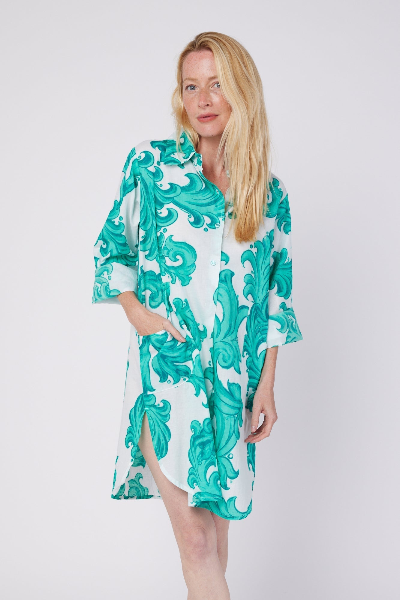 ModaPosa Gabriella 3/4 Sleeve Knee Length Shirt Dress with Collar and Pockets in White Aqua Baroque . Discover women's resort dresses and lifestyle clothing inspired by the Mediterranean. Free worldwide shipping available!