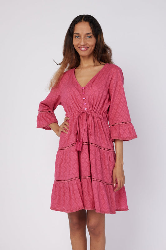 ModaPosa Desideria 3/4 Frill Sleeve Drawstring Empire Jacquard Knee Length Dress in Raspberry . Discover women's resort dresses and lifestyle clothing inspired by the Mediterranean. Free worldwide shipping available!