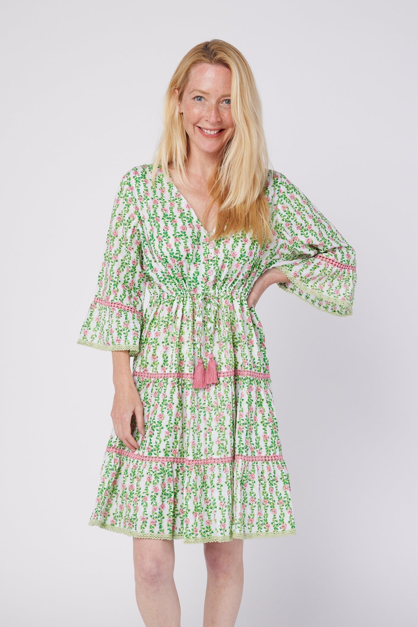 ModaPosa Desideria 3/4 Frill Sleeve Drawstring Empire Knee Length Dress in Spring Garden . Discover women's resort dresses and lifestyle clothing inspired by the Mediterranean. Free worldwide shipping available!