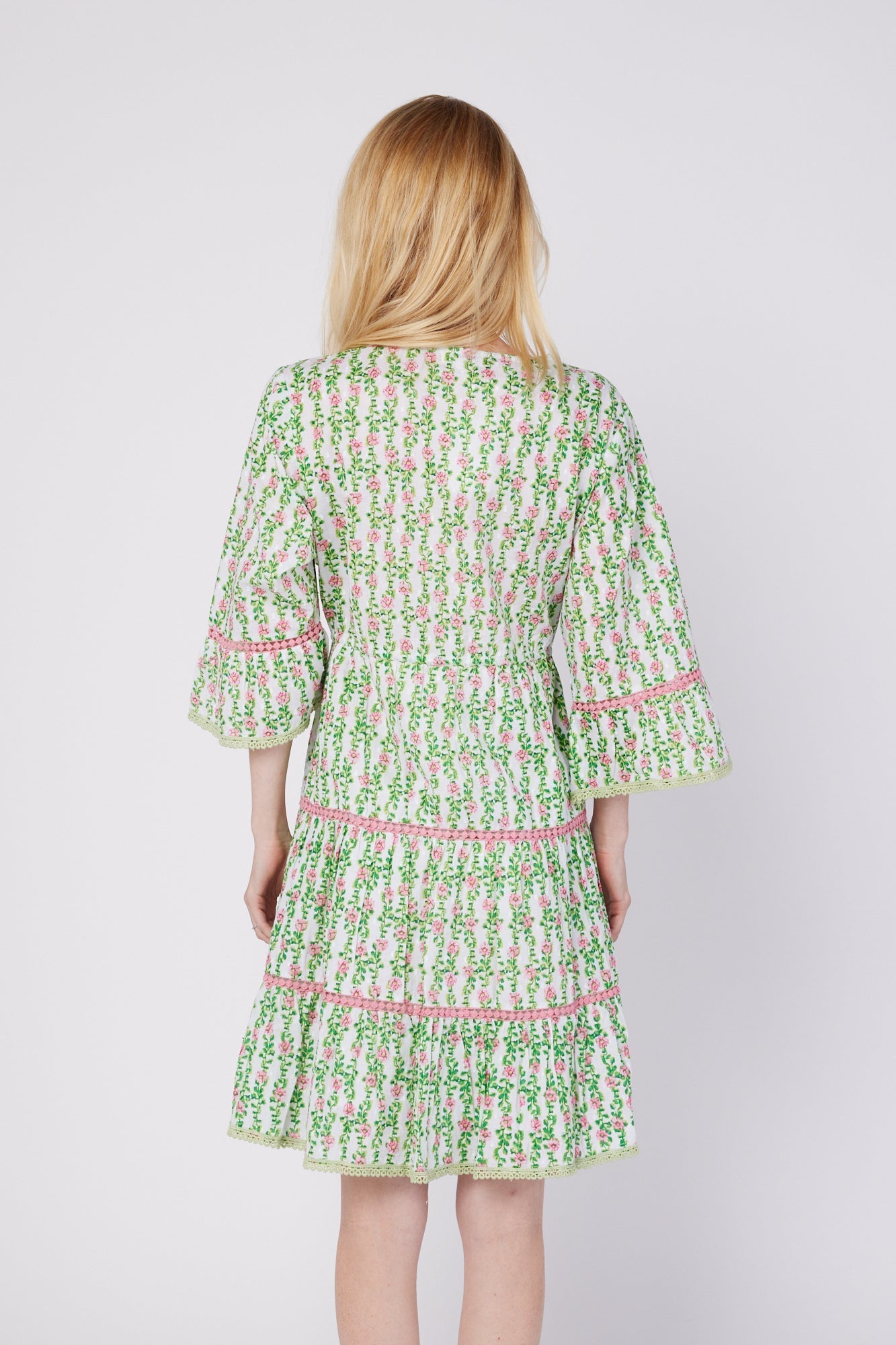 ModaPosa Desideria 3/4 Frill Sleeve Drawstring Empire Knee Length Dress in Spring Garden . Discover women's resort dresses and lifestyle clothing inspired by the Mediterranean. Free worldwide shipping available!