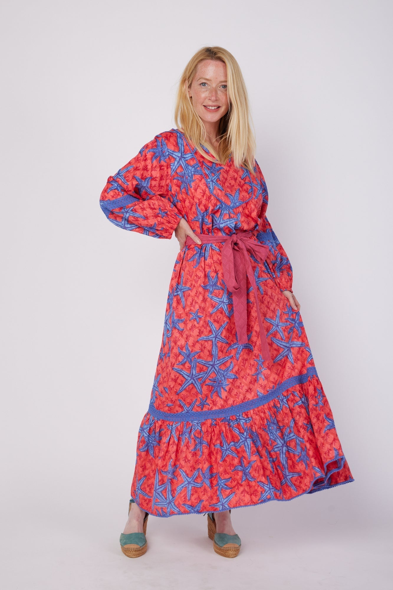 ModaPosa Ilaria Puff Sleeve Embroidered Maxi Dress with Lace Trim in Starfish Scales . Discover women's resort dresses and lifestyle clothing inspired by the Mediterranean. Free worldwide shipping available!