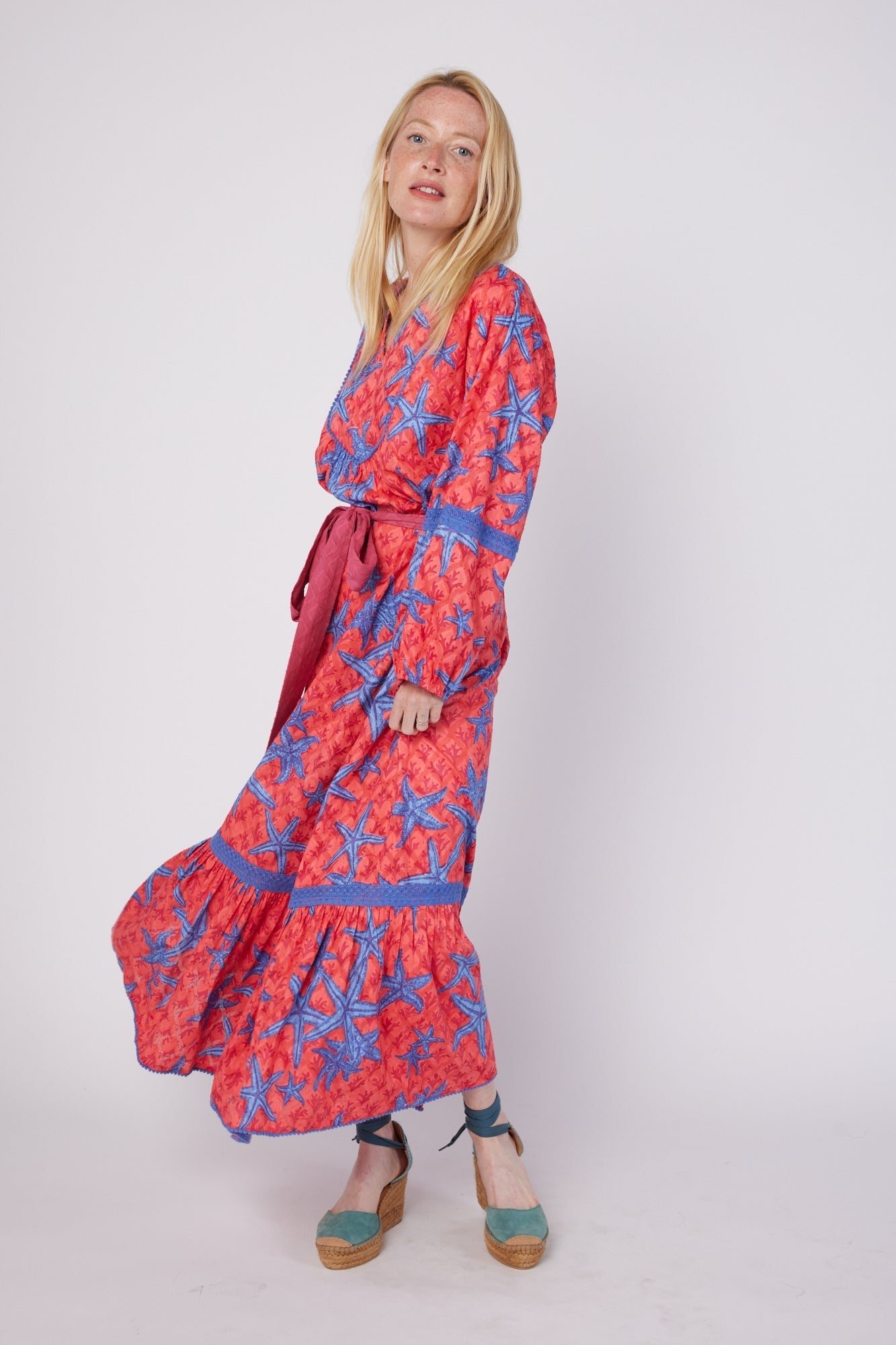 ModaPosa Ilaria Puff Sleeve Embroidered Maxi Dress with Lace Trim in Starfish Scales . Discover women's resort dresses and lifestyle clothing inspired by the Mediterranean. Free worldwide shipping available!