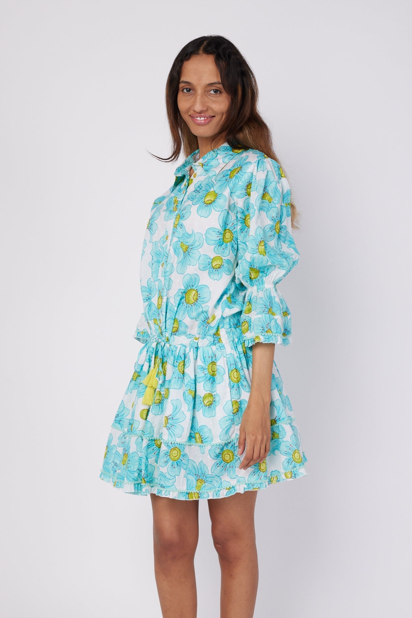 ModaPosa Penelope 3/4 Frill Puff Sleeve Drop Waist Mini Dress with Pockets in Blue Floral . Discover women's resort dresses and lifestyle clothing inspired by the Mediterranean. Free worldwide shipping available!