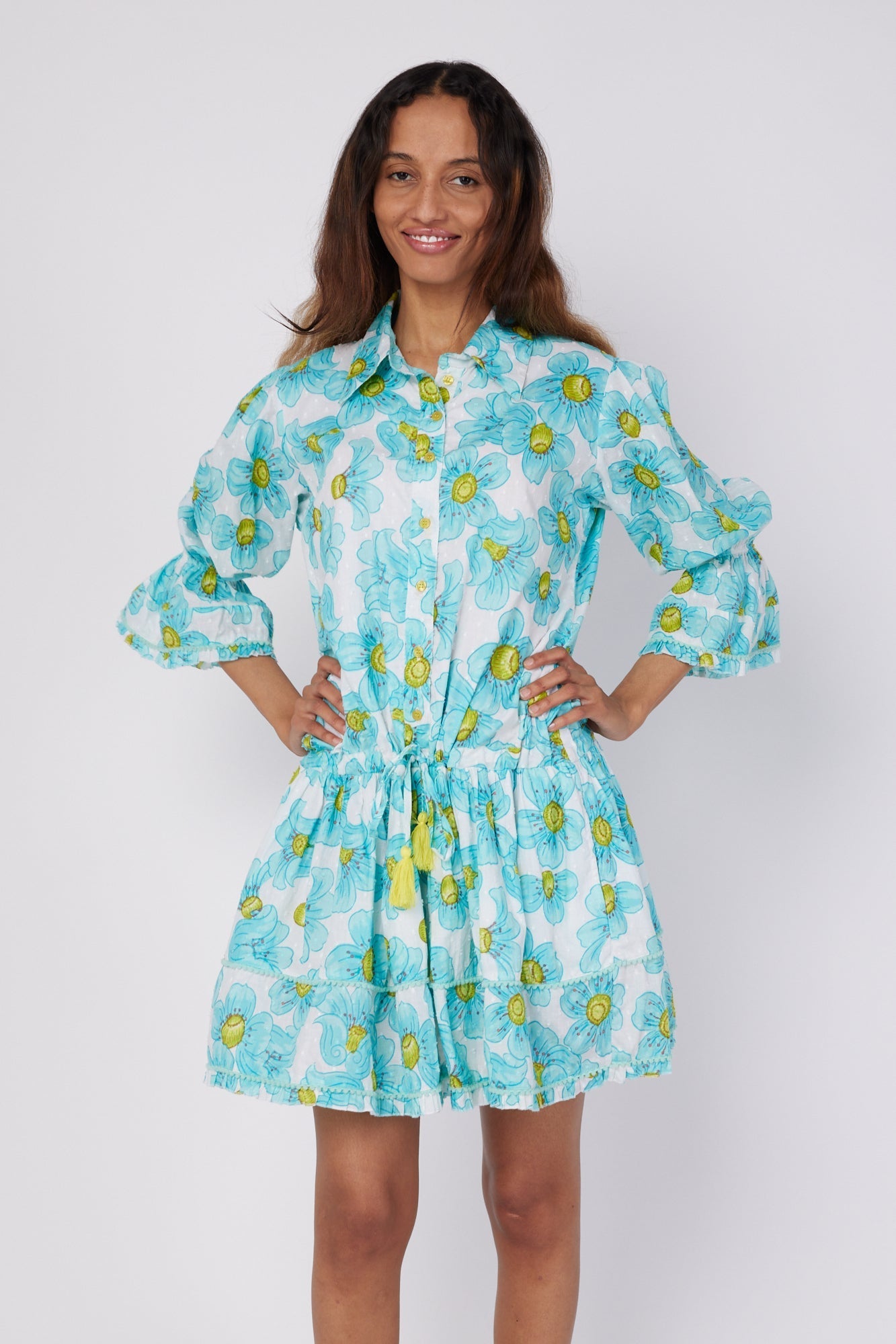 ModaPosa Penelope 3/4 Frill Puff Sleeve Drop Waist Mini Dress with Pockets in Blue Floral . Discover women's resort dresses and lifestyle clothing inspired by the Mediterranean. Free worldwide shipping available!