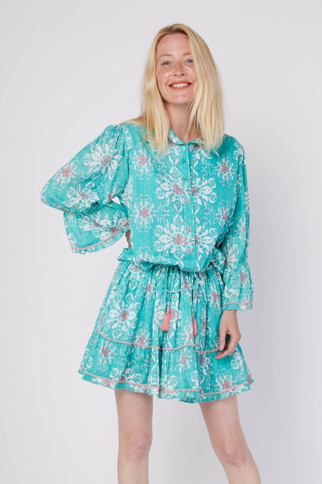 ModaPosa Penelope 3/4 Frill Puff Sleeve Drop Waist Mini Dress with Pockets in French Majolica . Discover women's resort dresses and lifestyle clothing inspired by the Mediterranean. Free worldwide shipping available!