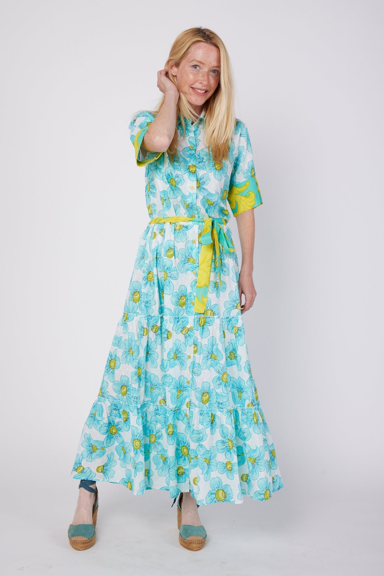 ModaPosa Alcee Short Puff Sleeve Maxi Dress with Collar and Detachable Belt in Blue Floral . Discover women's resort dresses and lifestyle clothing inspired by the Mediterranean. Free worldwide shipping available!