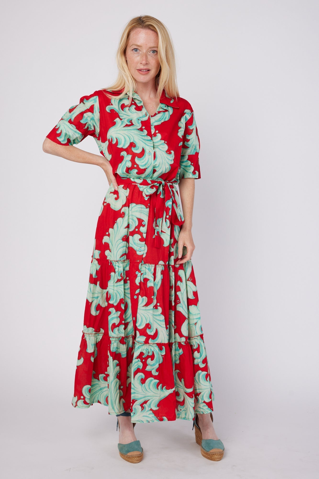 ModaPosa Alcee Short Puff Sleeve Maxi Dress with Collar and Detachable Belt in Crimson Mist Baroque . Discover women's resort dresses and lifestyle clothing inspired by the Mediterranean. Free worldwide shipping available!