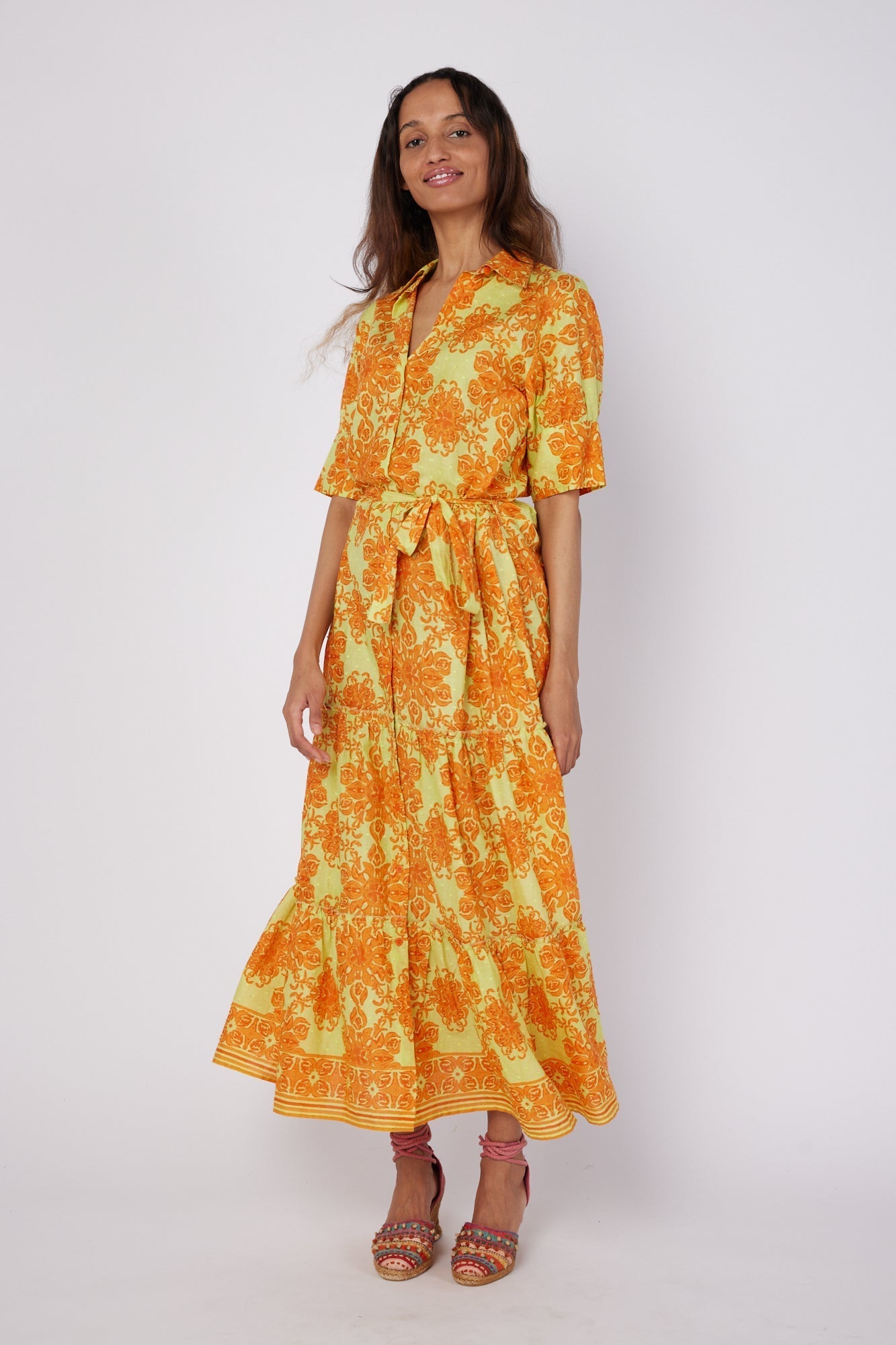 ModaPosa Alcee Short Puff Sleeve Maxi Dress with Collar and Detachable Belt in Curacao Majolica . Discover women's resort dresses and lifestyle clothing inspired by the Mediterranean. Free worldwide shipping available!