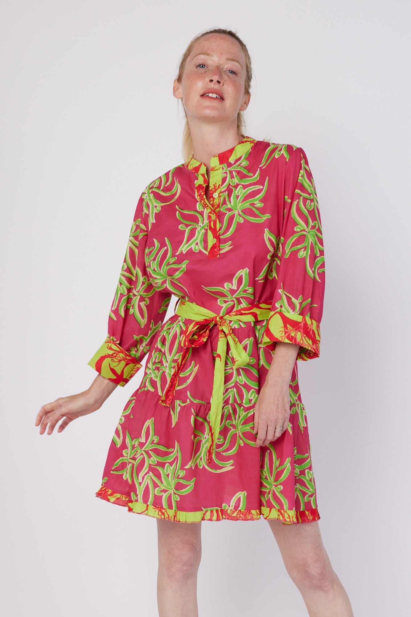ModaPosa Alcee 3/4 Puff Sleeve Mini Dress with Detachable Belt in Raspberry Lime Combo . Discover women's resort dresses and lifestyle clothing inspired by the Mediterranean. Free worldwide shipping available!