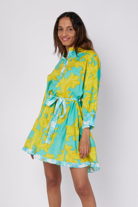 ModaPosa Alcee 3/4 Puff Sleeve Mini Dress with Detachable Belt in Golden Floral Combo . Discover women's resort dresses and lifestyle clothing inspired by the Mediterranean. Free worldwide shipping available!