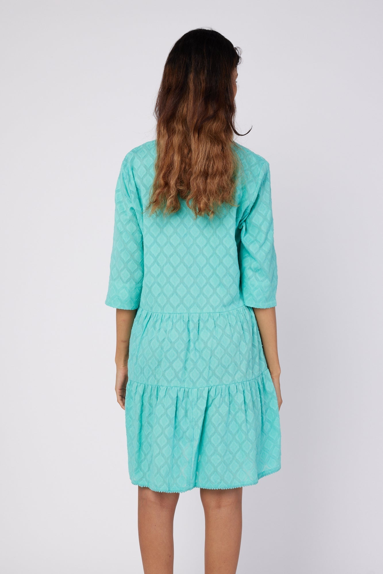 ModaPosa Alcee 3/4 Frill Sleeve Knee Length Jacquard Relaxed Dress with Collar in Floridian . Discover women's resort dresses and lifestyle clothing inspired by the Mediterranean. Free worldwide shipping available!