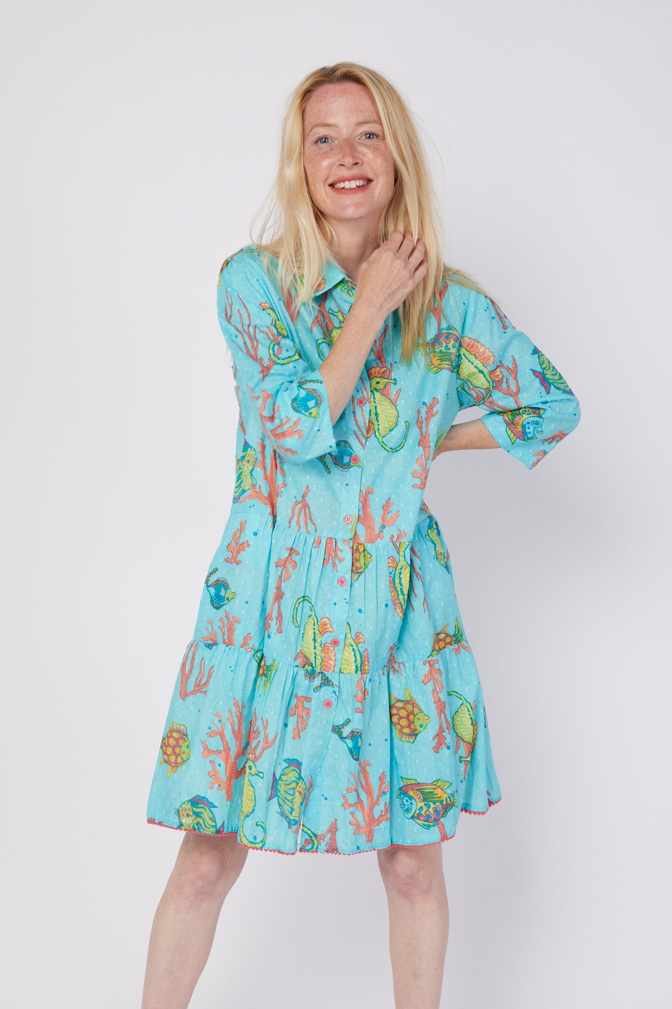 Preorder - 25% OFF till Dec. 5 - Alcee 3/4 Frill Sleeve Knee Length Dress with Relaxed Collar in Sealife