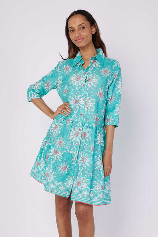 Preorder - Alcee 3/4 Frill Sleeve Knee Length Dress with Relaxed Collar in French Majolica