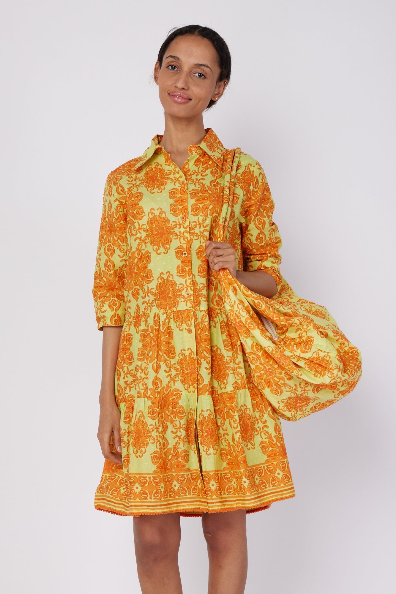 ModaPosa Alcee 3/4 Frill Sleeve Knee Length Dress with Relaxed Collar in Curacao Majolica . Discover women's resort dresses and lifestyle clothing inspired by the Mediterranean. Free worldwide shipping available!