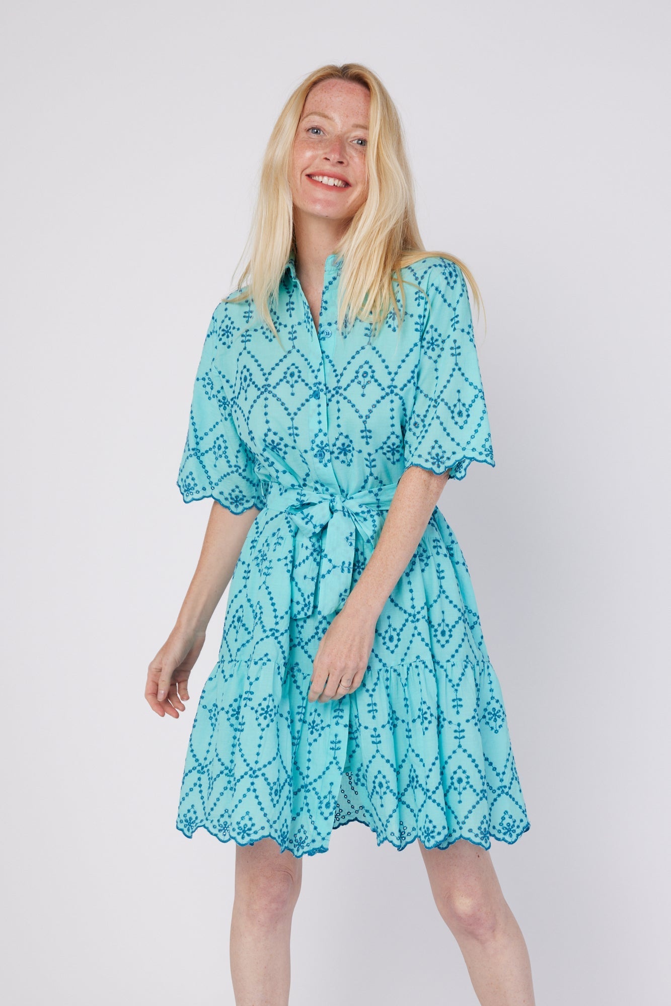 ModaPosa Alcee Short Sleeve Mini Jacquard Shirt Dress with Detachable Belt in Mykonos Eyelet . Discover women's resort dresses and lifestyle clothing inspired by the Mediterranean. Free worldwide shipping available!