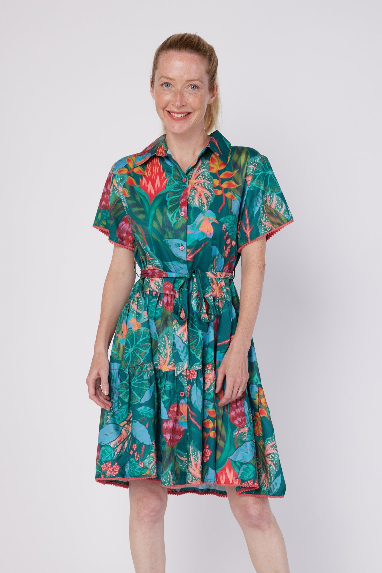 ModaPosa Alcee Short Sleeve Mini Safari Shirt Dress with Detachable Belt in Tropical Canopy . Discover women's resort dresses and lifestyle clothing inspired by the Mediterranean. Free worldwide shipping available!