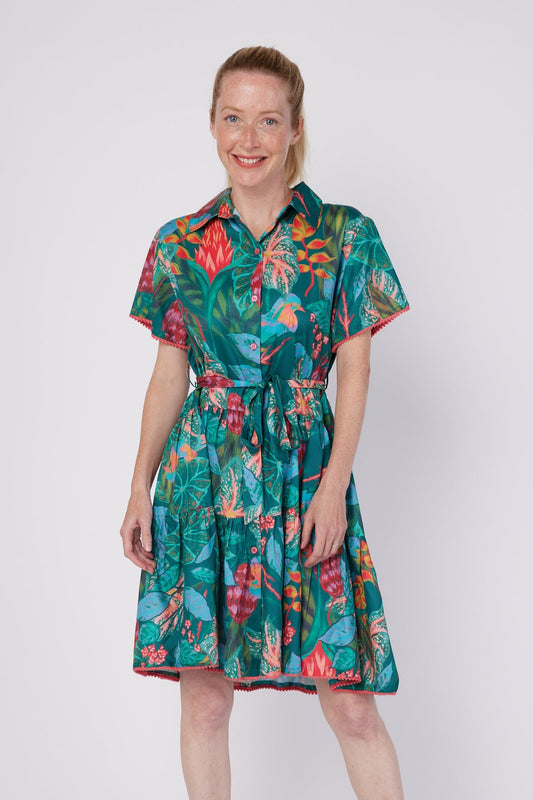 ModaPosa Alcee Short Sleeve Mini Safari Shirt Dress with Detachable Belt in Tropical Canopy . Discover women's resort dresses and lifestyle clothing inspired by the Mediterranean. Free worldwide shipping available!