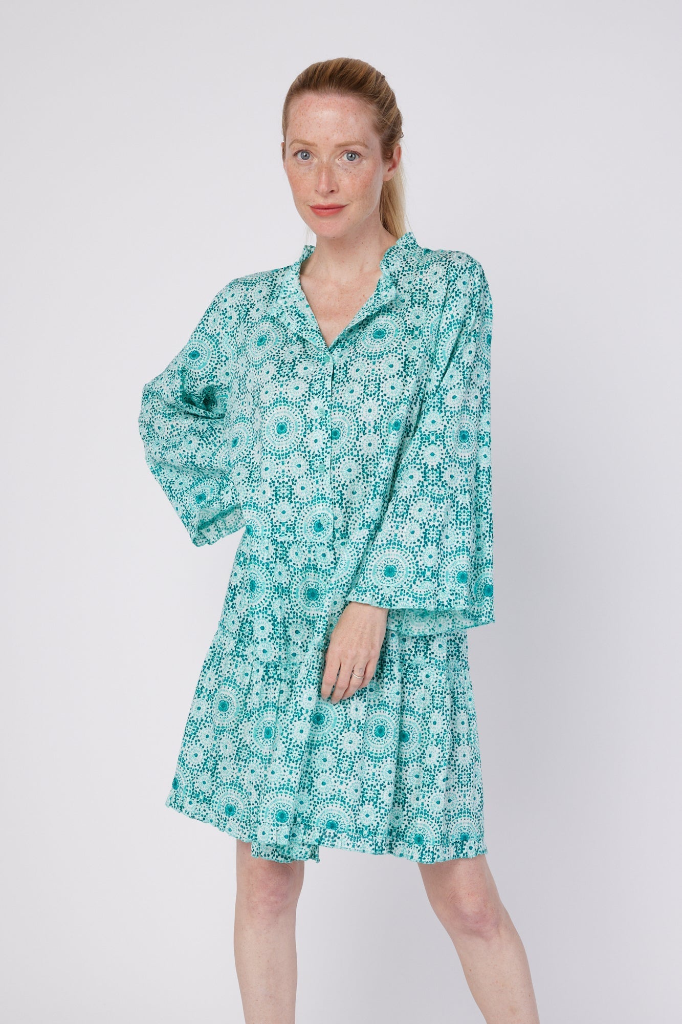 ModaPosa Alcee 3/4 Frill Sleeve Ruffle Knee Length Relaxed Dress in Moroccan Tile . Discover women's resort dresses and lifestyle clothing inspired by the Mediterranean. Free worldwide shipping available!