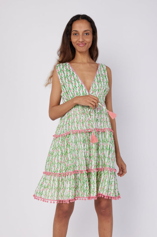 ModaPosa Paula Sleeveless V-Neck Drawstring Swiss Dot Cover Up Mini Dress in Spring Garden . Discover women's resort dresses and lifestyle clothing inspired by the Mediterranean. Free worldwide shipping available!