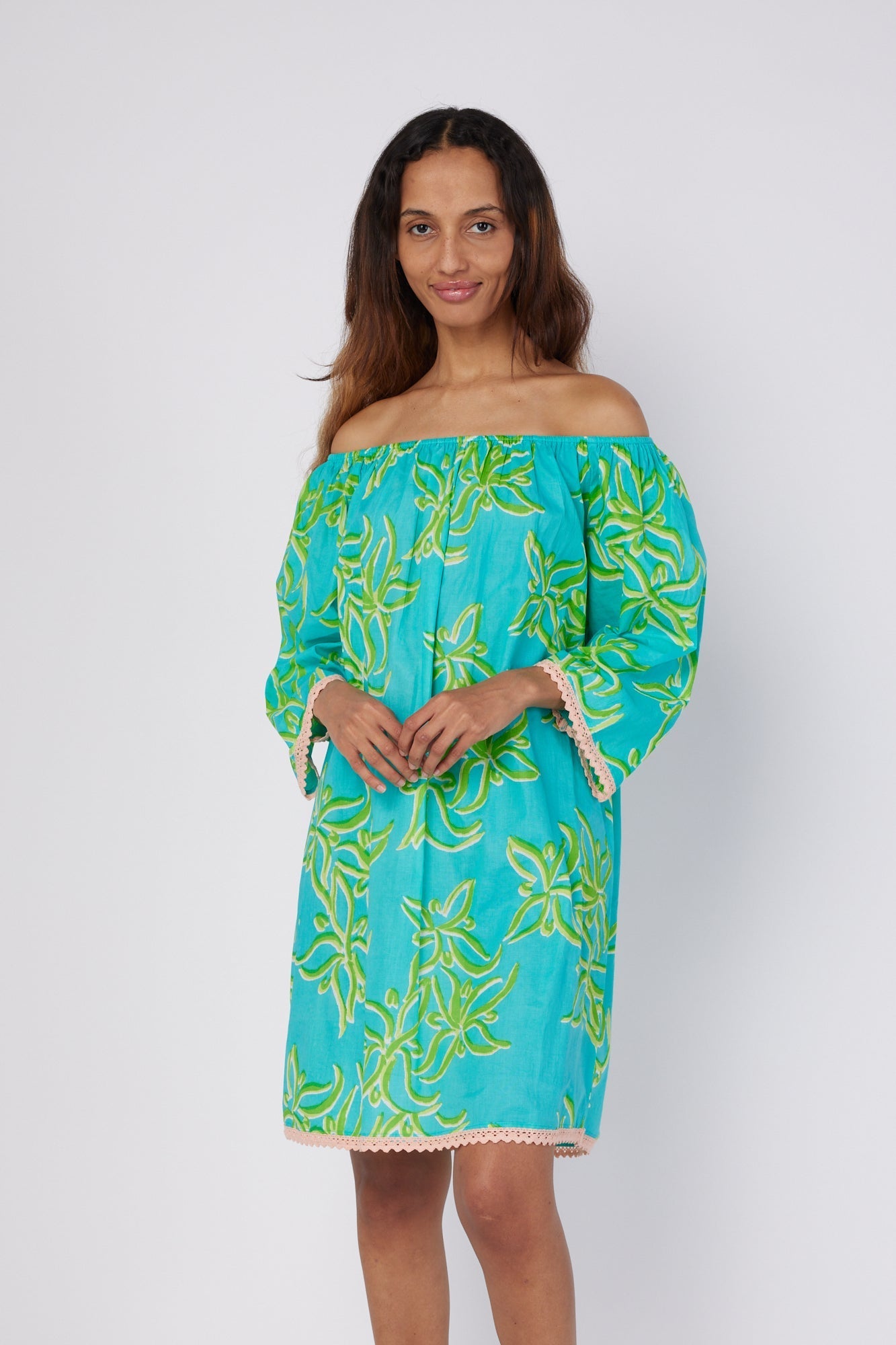 ModaPosa Alessandra Off The Shoulder Knee Length Dress in Green Abstract Flower . Discover women's resort dresses and lifestyle clothing inspired by the Mediterranean. Free worldwide shipping available!