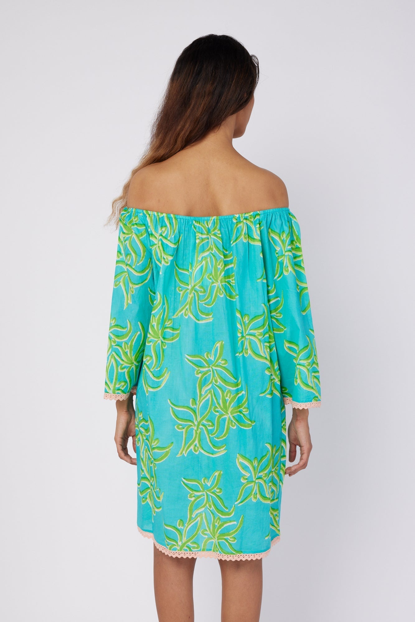ModaPosa Alessandra Off The Shoulder Knee Length Dress in Green Abstract Flower . Discover women's resort dresses and lifestyle clothing inspired by the Mediterranean. Free worldwide shipping available!