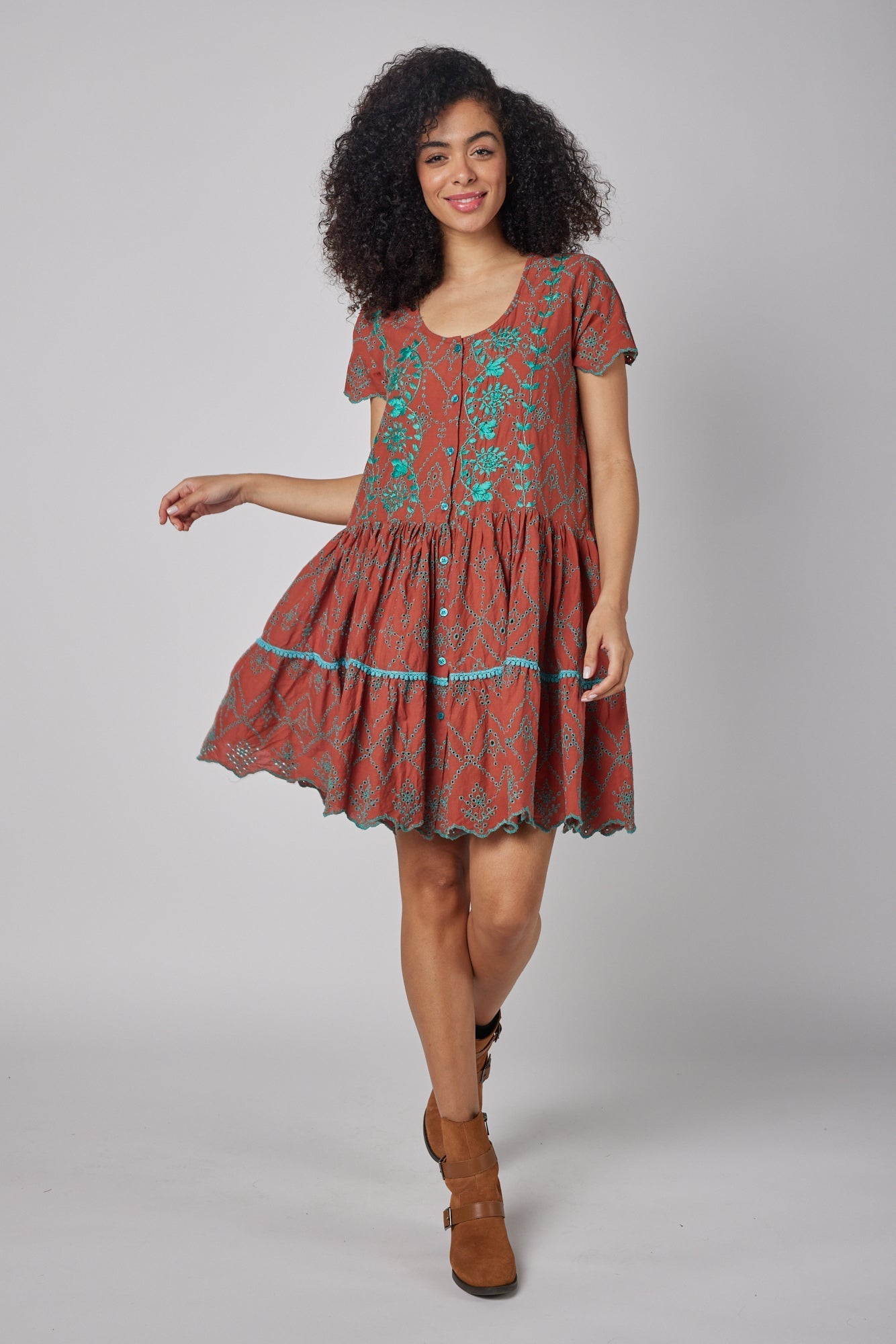 ModaPosa Simonetta Short Sleeve Hand Embroidered Eyelet Dress. Shop women's resort and lifestyle clothing inspired by the Mediterranean, Italy.